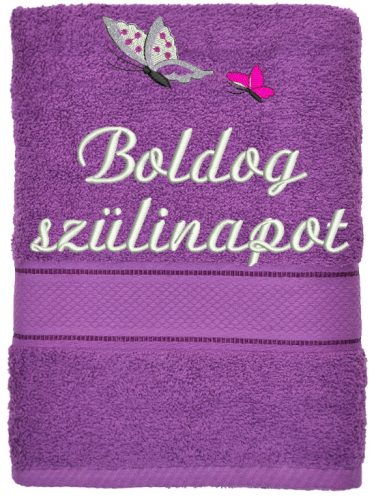 Hímzett törölköző "Boldog szülinapot" felirattal + pillangó , lila