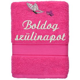   Hímzett törölköző "Boldog szülinapot" felirattal + pillangó, pink