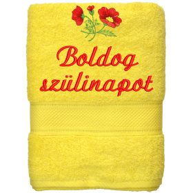  Hímzett törölköző "Boldog szülinapot" felirattal + pipacs, sárga