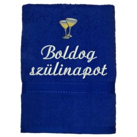   Hímzett törölköző "Boldog szülinapot" felirattal + pohár, királykék