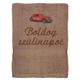  Hímzett törölköző "Boldog szülinapot" felirattal + régi autó, mogyoró színű