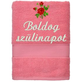  Hímzett törölköző "Boldog szülinapot" felirattal + rózsa lazac