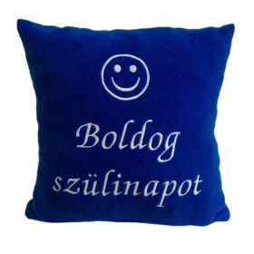   "Boldog szülinapot" felirattal + smile-val hímzett párna, királykék