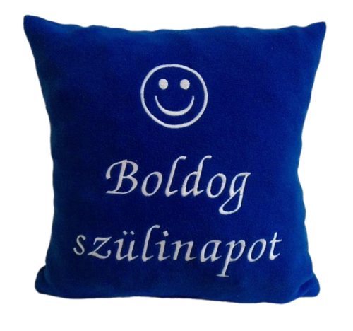 "Boldog szülinapot" felirattal + smile-val hímzett párna, királykék