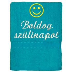   Hímzett törölköző "Boldog szülinapot" felirattal + smile, türkizkék