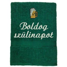  Hímzett törölköző "Boldog szülinapot" felirattal + sör sötét zöld