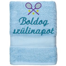   Hímzett törölköző "Boldog szülinapot" felirattal + tenisz, világos kék