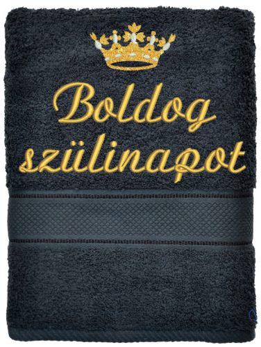 Hímzett törölköző "Boldog szülinapot" felirattal + arany korona, fekete