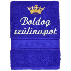   Hímzett törölköző "Boldog szülinapot" felirattal + arany korona, királykék
