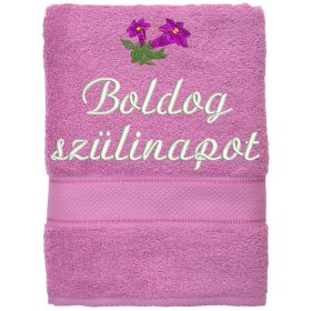   Hímzett törölköző "Boldog szülinapot" felirattal + encián, vil.lila