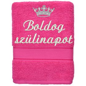   Hímzett törölköző "Boldog szülinapot" felirattal + ezüst korona, pink