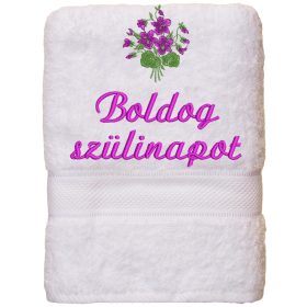   Hímzett törölköző "Boldog szülinapot" felirattal + ibolya, fehér