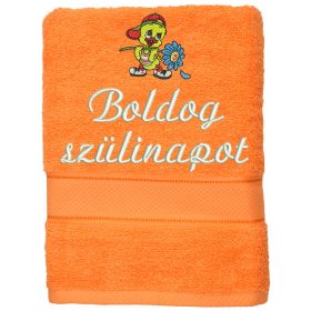   Hímzett törölköző "Boldog szülinapot" felirattal + kacsa narancs sárga