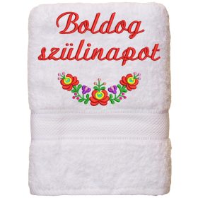   Hímzett törölköző "Boldog szülinapot" felirattal + matyó, fehér