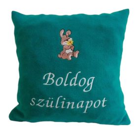   "Boldog szülinapot" felirattal + nyuszival hímzett párna, zöld