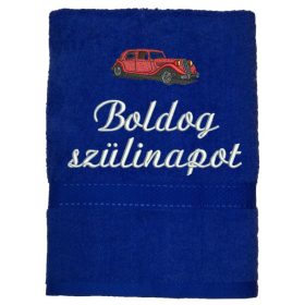   Hímzett törölköző "Boldog szülinapot" felirattal + oldtimer , királykék