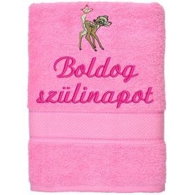   Hímzett törölköző "Boldog szülinapot" felirattal + őzike, rózsaszín