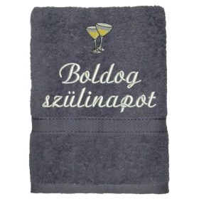   Hímzett törölköző "Boldog szülinapot" felirattal + pezsgős pohár, szürke