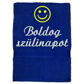   Hímzett törölköző "Boldog szülinapot" felirattal + smile , királykék
