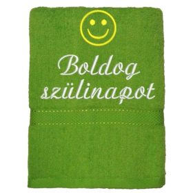  Hímzett törölköző "Boldog szülinapot" felirattal + smile , kivi zöld