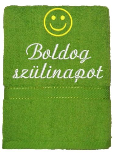 Hímzett törölköző "Boldog szülinapot" felirattal + smile , kivi zöld