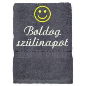   Hímzett törölköző "Boldog szülinapot" felirattal + smile , szürke