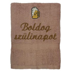   Hímzett törölköző "Boldog szülinapot" felirattal + sör, mogyoró