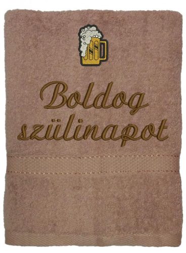 Hímzett törölköző "Boldog szülinapot" felirattal + sör, mogyoró