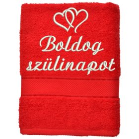   Hímzett törölköző "Boldog szülinapot" felirattal + szív, piros