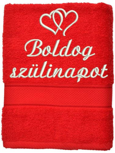 Hímzett törölköző "Boldog szülinapot" felirattal + szív, piros