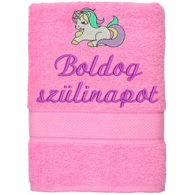   Hímzett törölköző "Boldog szülinapot" felirattal + unicornis, rózsaszín