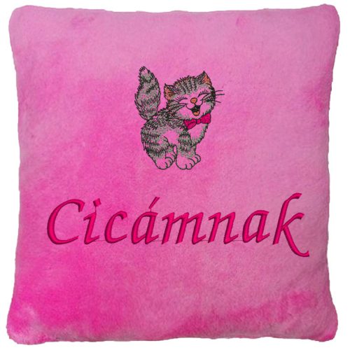 "Cicámnak" felirattal + cicával hímzett párna, rózsaszín