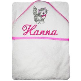   Hímzett babatörölköző bármilyen névvel, cica mintával, rózsaszín