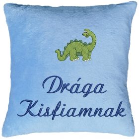 "Drága Kisfiamnak" felirattal + dinóval hímzett párna, világoskék – hímzett ajándék párna