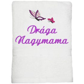  "Drága Nagymama" felirattal + pillangókkal hímzett törölköző, fehér