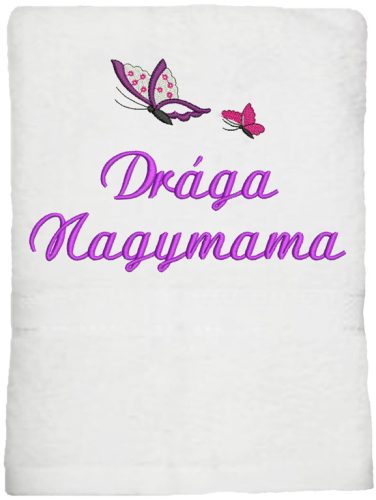 "Drága Nagymama" felirattal + pillangókkal hímzett törölköző, fehér – hímzett ajándék törölköző