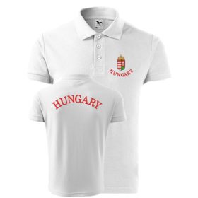 Hímzett férfi galléros póló címer + Hungary felirattal, fehér S – hímzett Hungary férfi póló