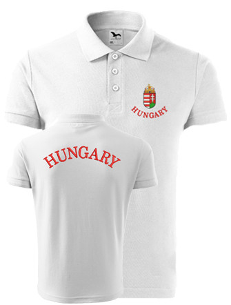 Férfi galléros póló címer + Hungary felirattal, fehér S