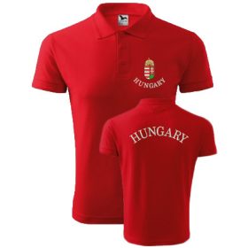 Hímzett férfi galléros póló címer + Hungary felirattal, piros S – hímzett Hungary férfi póló