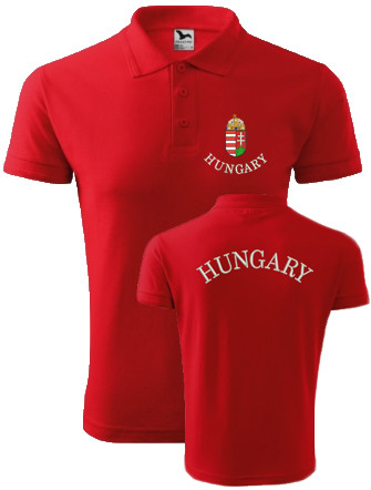 Hímzett férfi galléros póló címer + Hungary felirattal, piros S – hímzett Hungary férfi póló