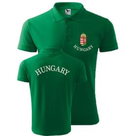 Hímzett férfi galléros póló címer + Hungary felirattal, zöld S – hímzett Hungary férfi póló