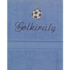   "Gólkirály" felirattal + focilabdával hímzett törölköző, acélkék