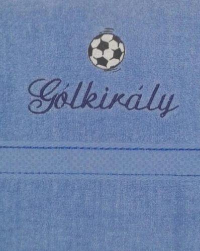 "Gólkirály" felirattal + focilabdával hímzett törölköző, acélkék – hímzett ajándék törölköző