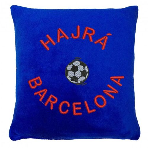 "Hajrá Barcelona" felirattal + focilabdával hímzett párna, királykék
