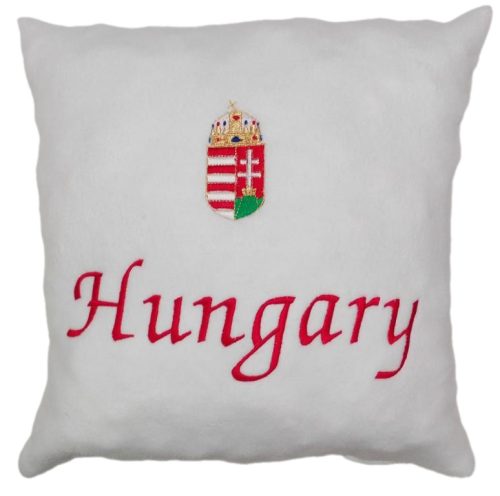 "Hungary" felirattal + címerrel hímzett párna, fehér