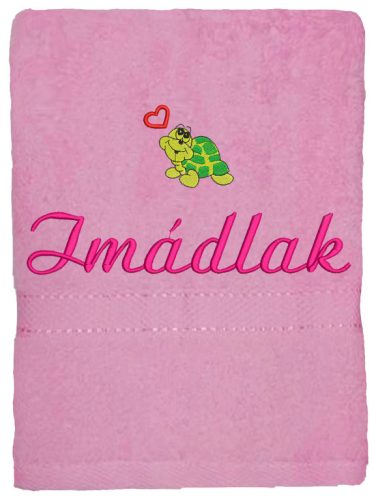 "Imádlak" felirattal + teknőssel hímzett törölköző, rózsaszín