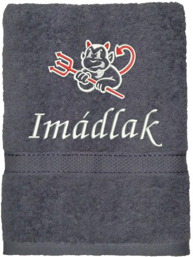 "Imádlak" felirattal + ördöggel hímzett törölköző, szürke