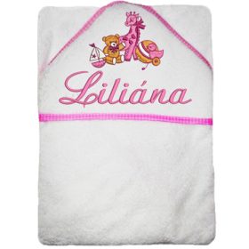   Hímzett babatörölköző bármilyen névvel, játék mintával, rózsaszín