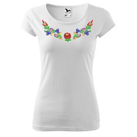   Hímzett, kalocsai mintás női, környakú fehér póló színes mintával XS