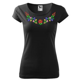 Hímzett, kalocsai mintás női, környakú fekete póló XS